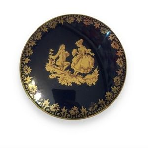 LIMOGES PORCELAIN Cobalt & Gold Tall Footed Round Trinket Holder w/Lid